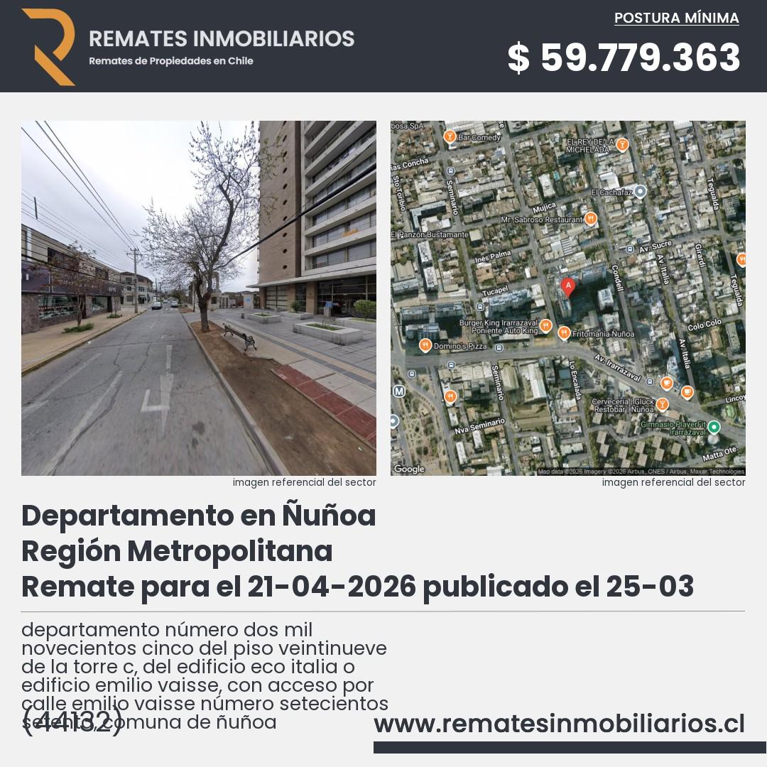 Imagen ficha departamento número dos mil novecientos cinco del piso veintinueve de la torre c, del edificio eco italia o edificio emilio vaisse, con acceso por calle emilio vaisse número setecientos setenta, comuna de ñuñoa