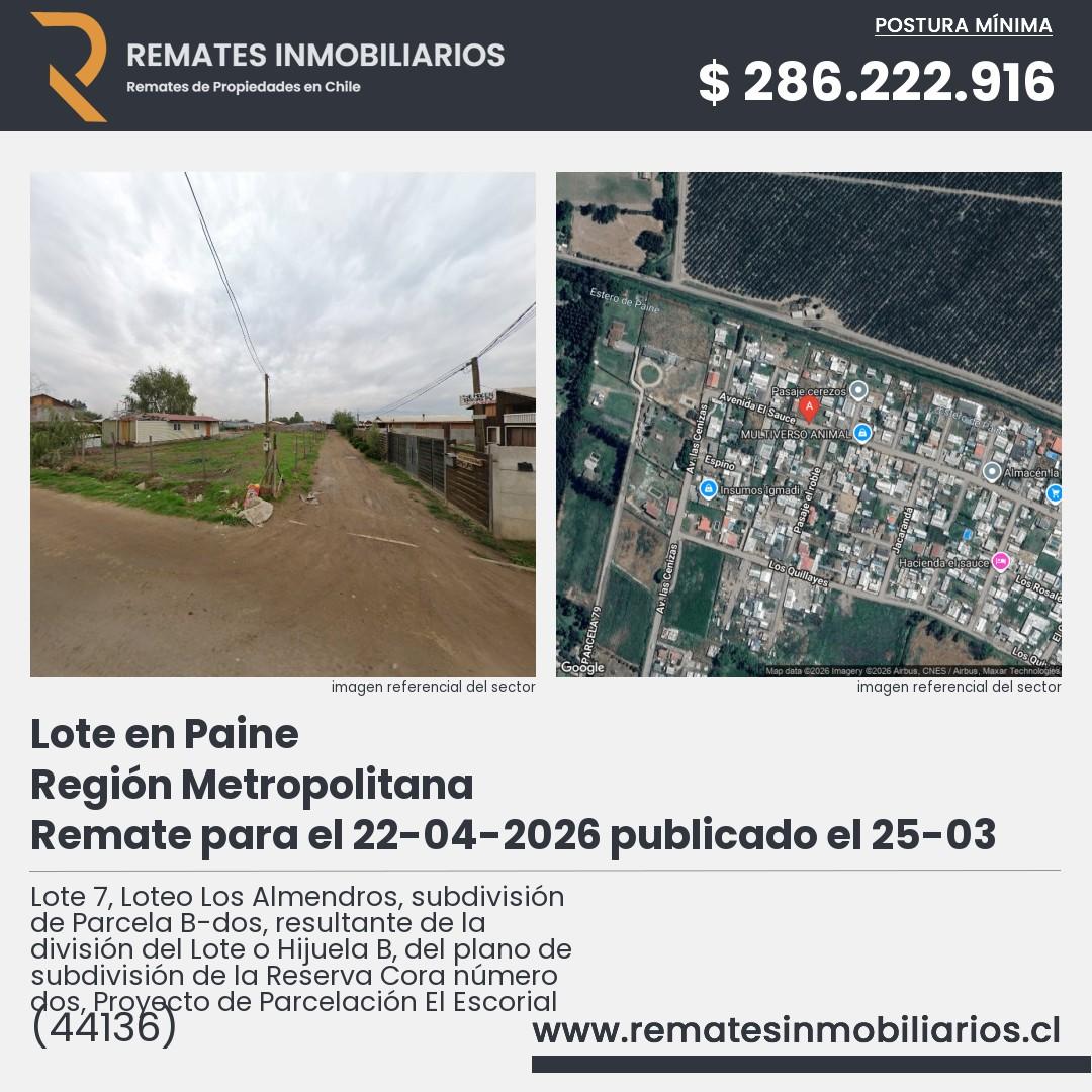 Imagen ficha Lote 7, Loteo Los Almendros, subdivisión de Parcela B-dos, resultante de la división del Lote o Hijuela B, del plano de subdivisión de la Reserva Cora número dos, Proyecto de Parcelación El Escorial