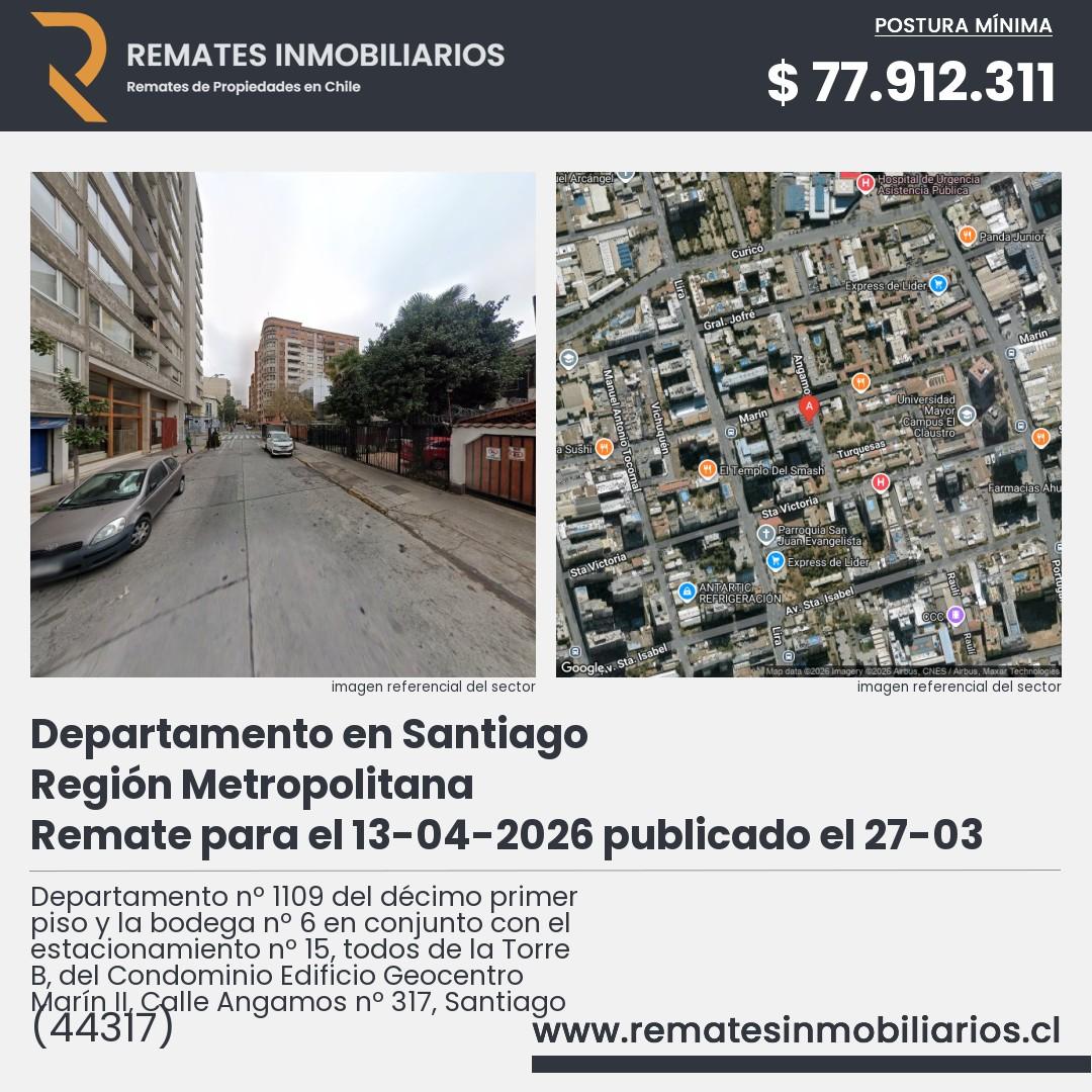 Imagen ficha Departamento nº 1109 del décimo primer piso y la bodega nº 6 en conjunto con el estacionamiento nº 15, todos de la Torre B, del Condominio Edificio Geocentro Marín II, Calle Angamos nº 317, Santiago