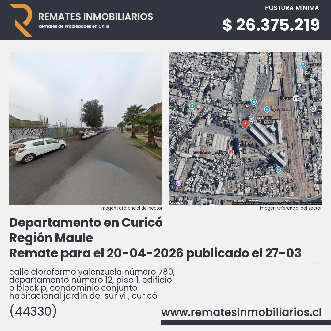 Imagen ficha calle cloroformo valenzuela número 780, departamento número 12, piso 1, edificio o block p, condominio conjunto habitacional jardín del sur vii, curicó