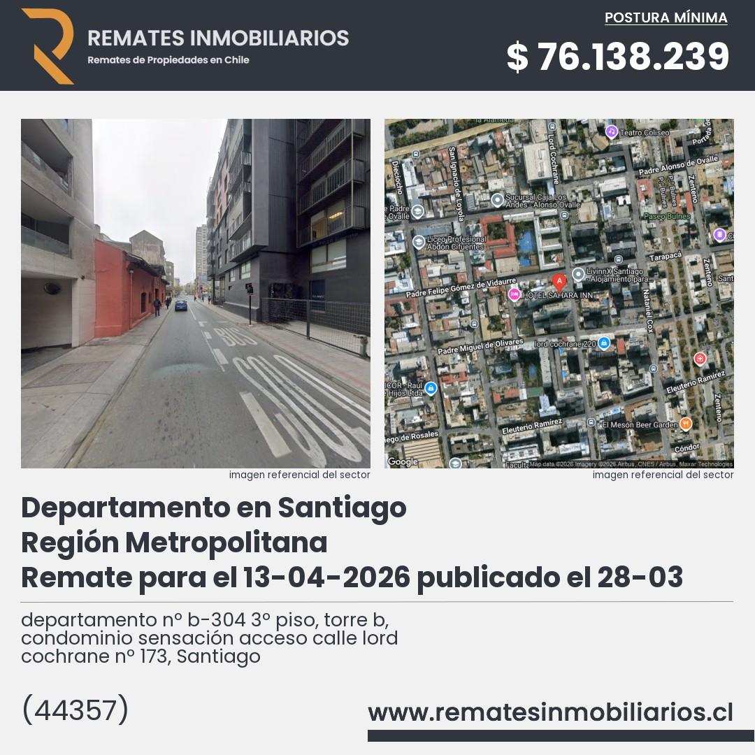 Imagen ficha departamento nº b-304 3º piso, torre b, condominio sensación acceso calle lord cochrane nº 173, Santiago