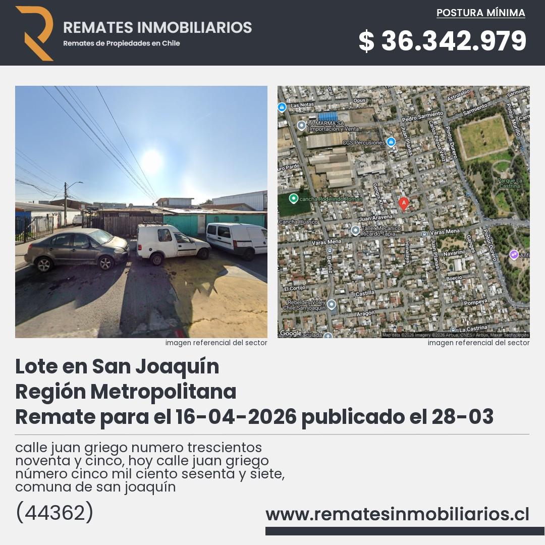Imagen ficha calle juan griego numero trescientos noventa y cinco, hoy calle juan griego número cinco mil ciento sesenta y siete, comuna de san joaquín