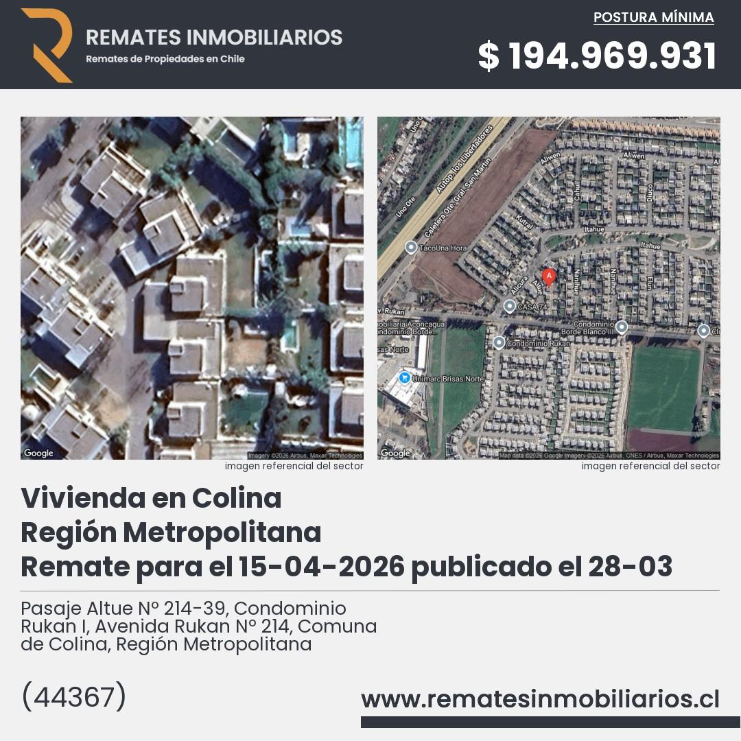 Imagen ficha Pasaje Altue Nº 214-39, Condominio Rukan I, Avenida Rukan Nº 214, Comuna de Colina, Región Metropolitana