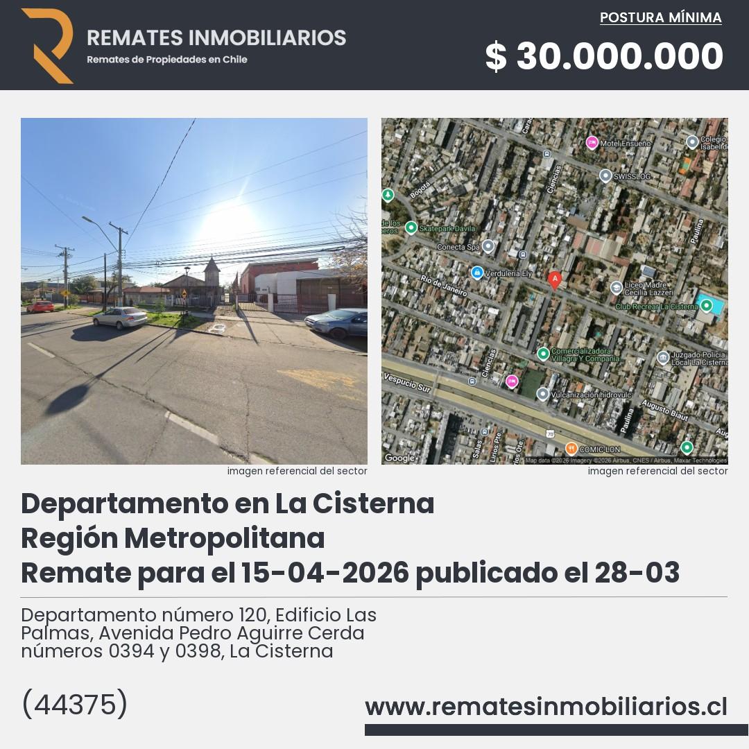 Imagen ficha Departamento número 120, Edificio Las Palmas, Avenida Pedro Aguirre Cerda números 0394 y 0398, La Cisterna
