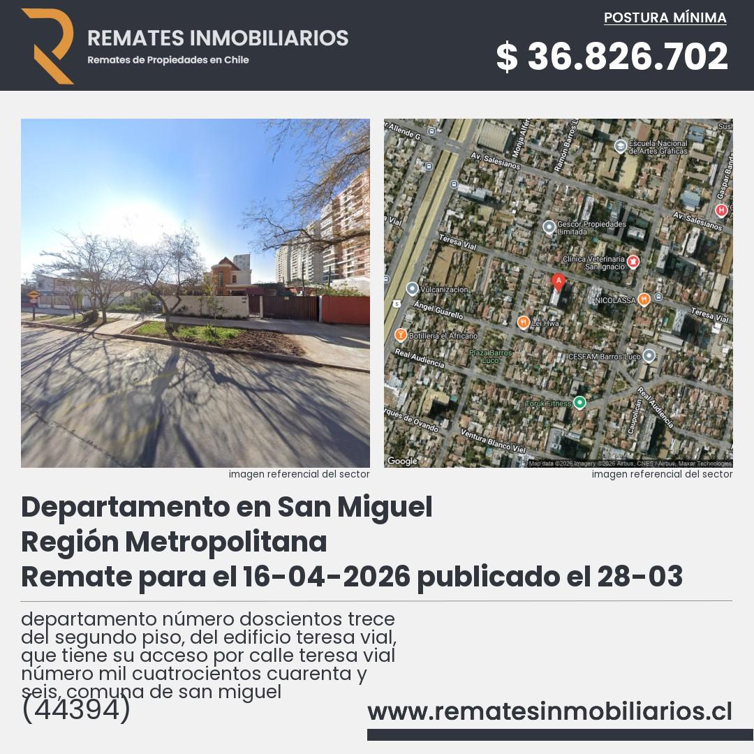 Imagen ficha departamento número doscientos trece del segundo piso, del edificio teresa vial, que tiene su acceso por calle teresa vial número mil cuatrocientos cuarenta y seis, comuna de san miguel