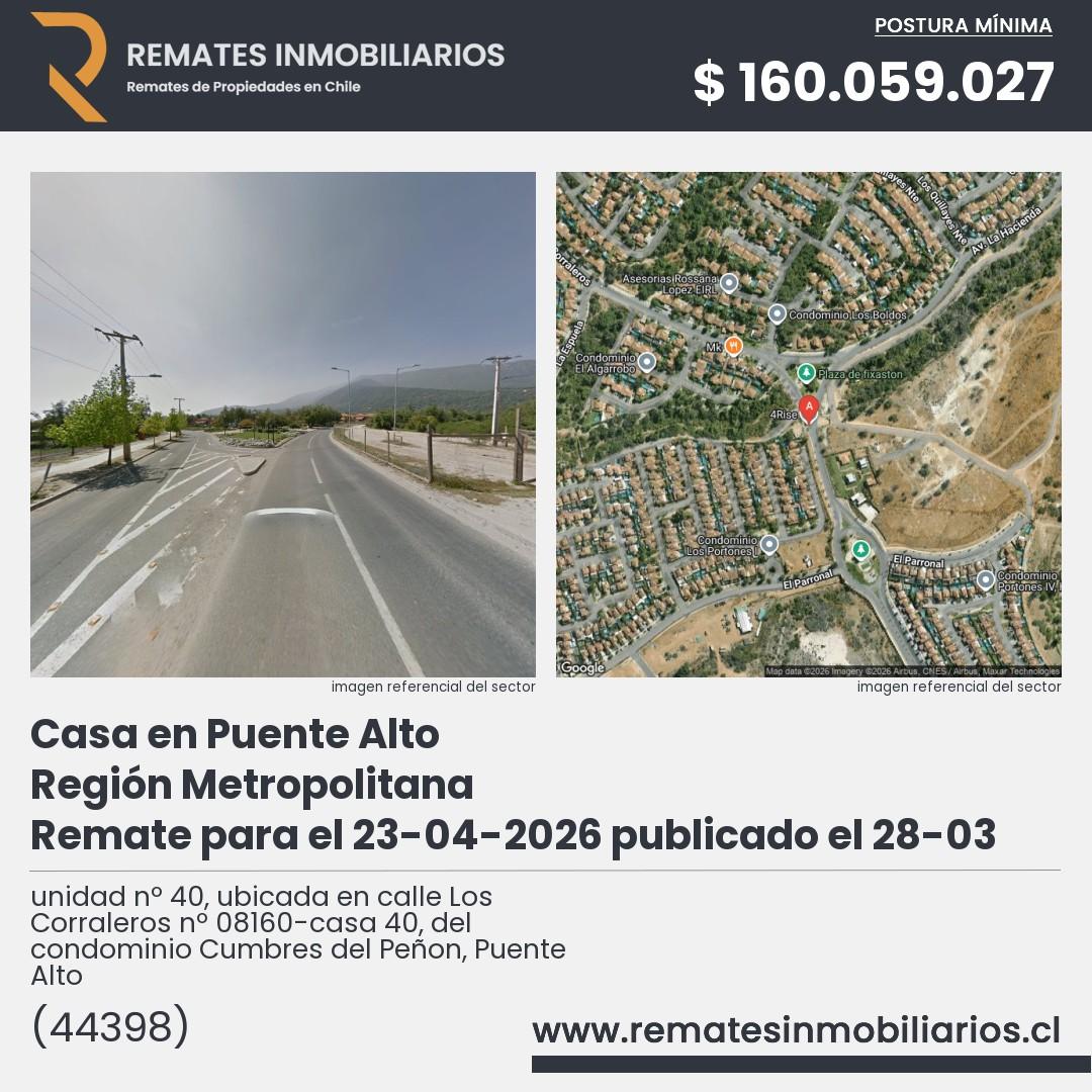 Imagen ficha unidad nº 40, ubicada en calle Los Corraleros nº 08160-casa 40, del condominio Cumbres del Peñon, Puente Alto