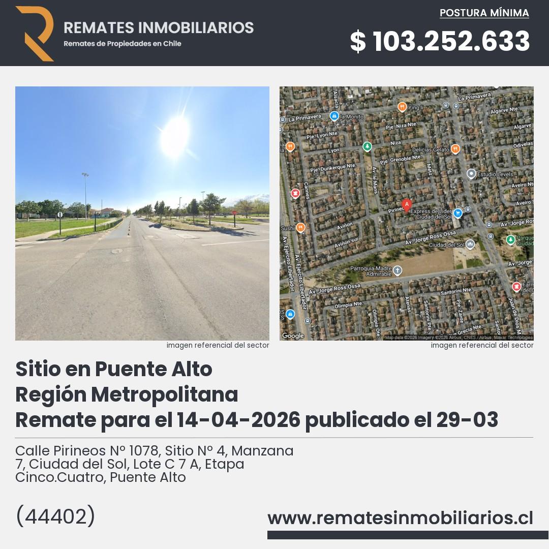 Imagen ficha Calle Pirineos Nº 1078, Sitio Nº 4, Manzana 7, Ciudad del Sol, Lote C 7 A, Etapa Cinco.Cuatro, Puente Alto