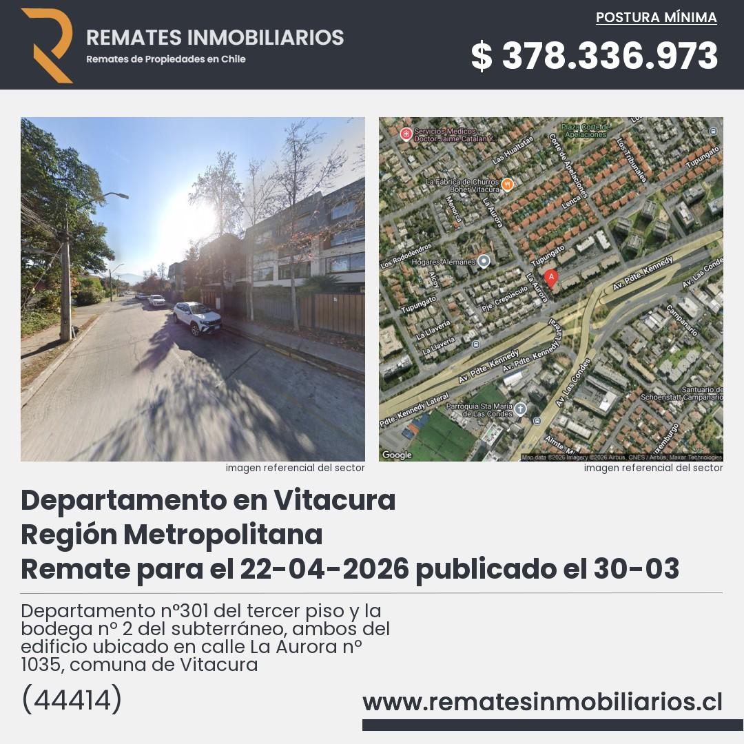 Imagen ficha Departamento n°301 del tercer piso y la bodega nº 2 del subterráneo, ambos del edificio ubicado en calle La Aurora nº 1035, comuna de Vitacura