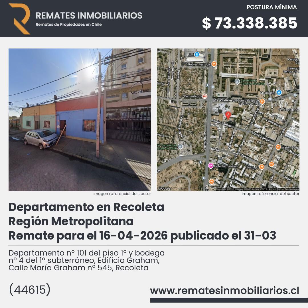 Imagen ficha Departamento nº 101 del piso 1º y bodega nº 4 del 1º subterráneo, Edificio Graham, Calle María Graham nº 545, Recoleta