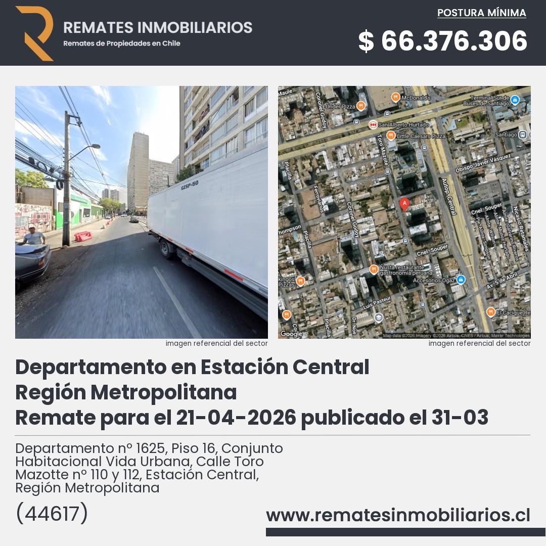 Imagen ficha Departamento nº 1625, Piso 16, Conjunto Habitacional Vida Urbana, Calle Toro Mazotte nº 110 y 112, Estación Central, Región Metropolitana