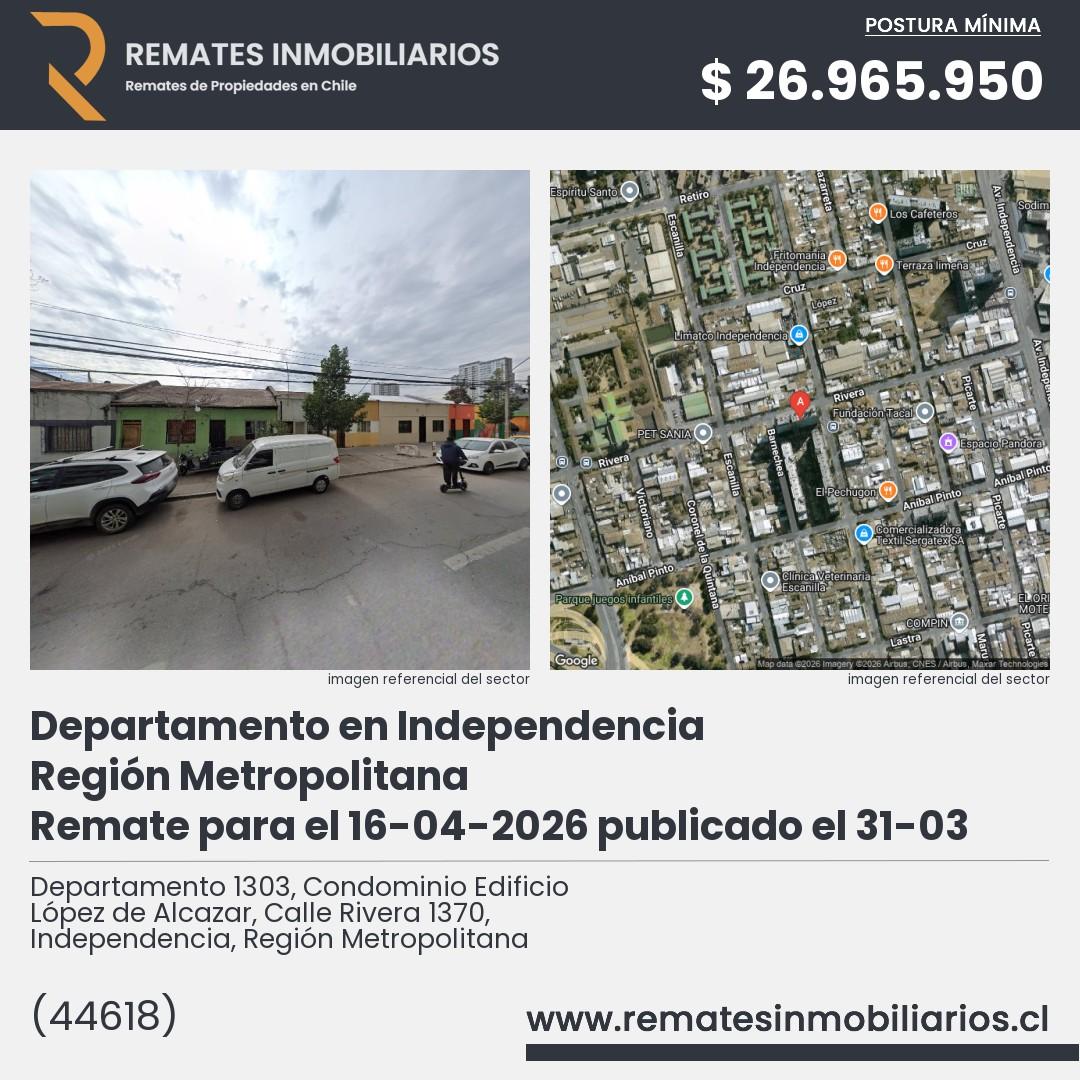 Imagen ficha Departamento 1303, Condominio Edificio López de Alcazar, Calle Rivera 1370, Independencia, Región Metropolitana