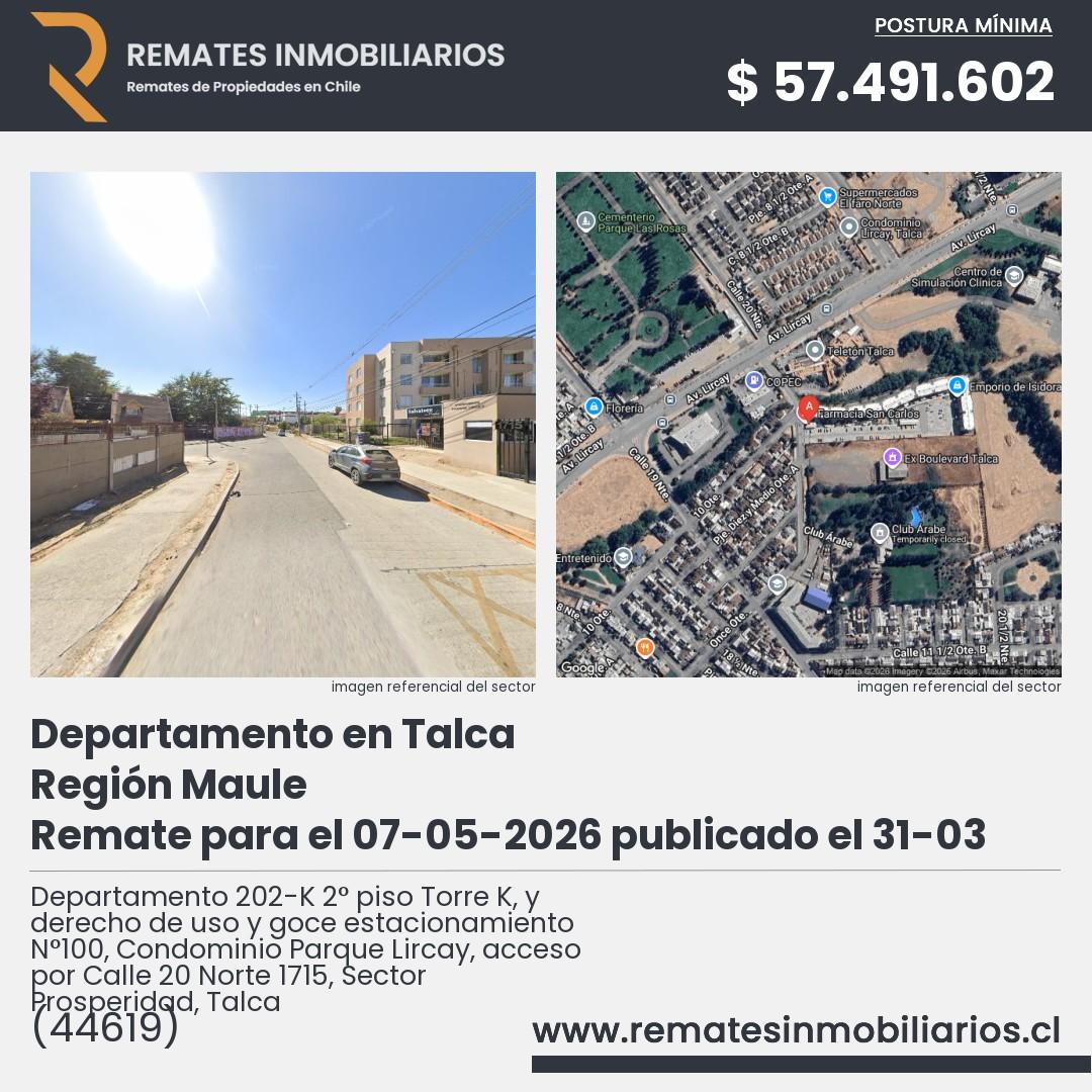 Imagen ficha Departamento 202-K 2° piso Torre K, y derecho de uso y goce estacionamiento N°100, Condominio Parque Lircay, acceso por Calle 20 Norte 1715, Sector Prosperidad, Talca