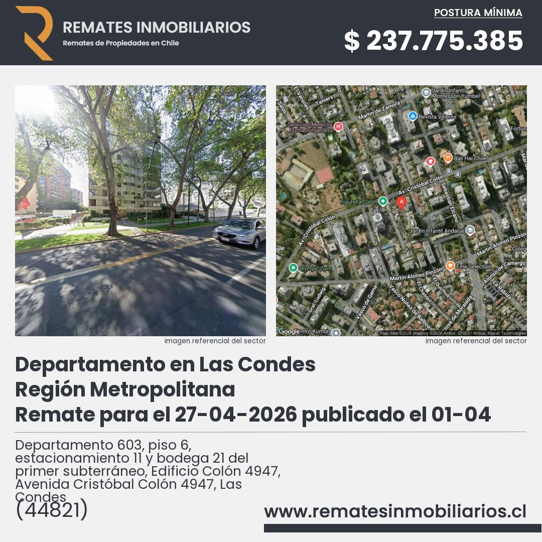 Imagen ficha Departamento 603, piso 6, estacionamiento 11 y bodega 21 del primer subterráneo, Edificio Colón 4947, Avenida Cristóbal Colón 4947, Las Condes