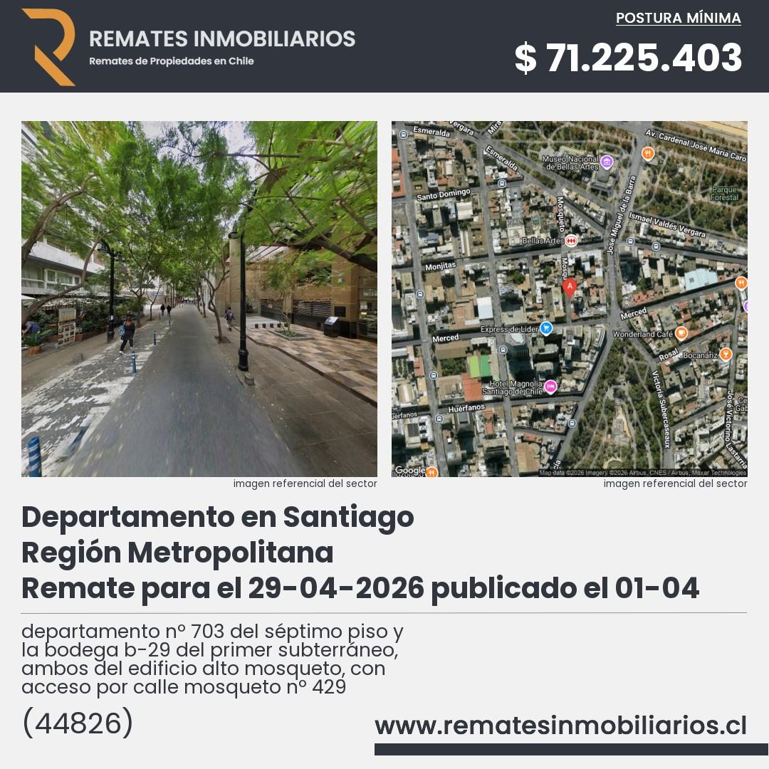 Imagen ficha departamento nº 703 del séptimo piso y la bodega b-29 del primer subterráneo, ambos del edificio alto mosqueto, con acceso por calle mosqueto nº 429