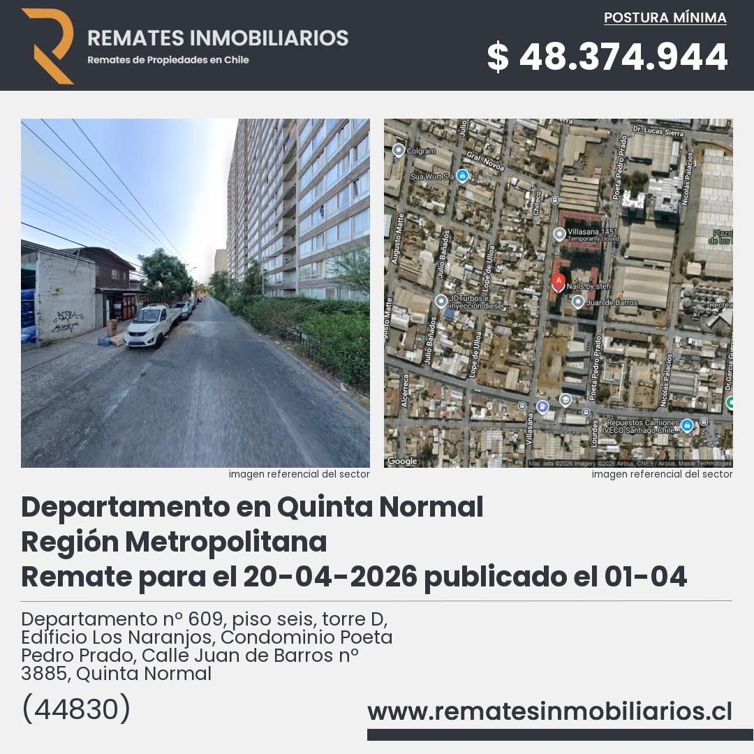Imagen ficha Departamento nº 609, piso seis, torre D, Edificio Los Naranjos, Condominio Poeta Pedro Prado, Calle Juan de Barros nº 3885, Quinta Normal