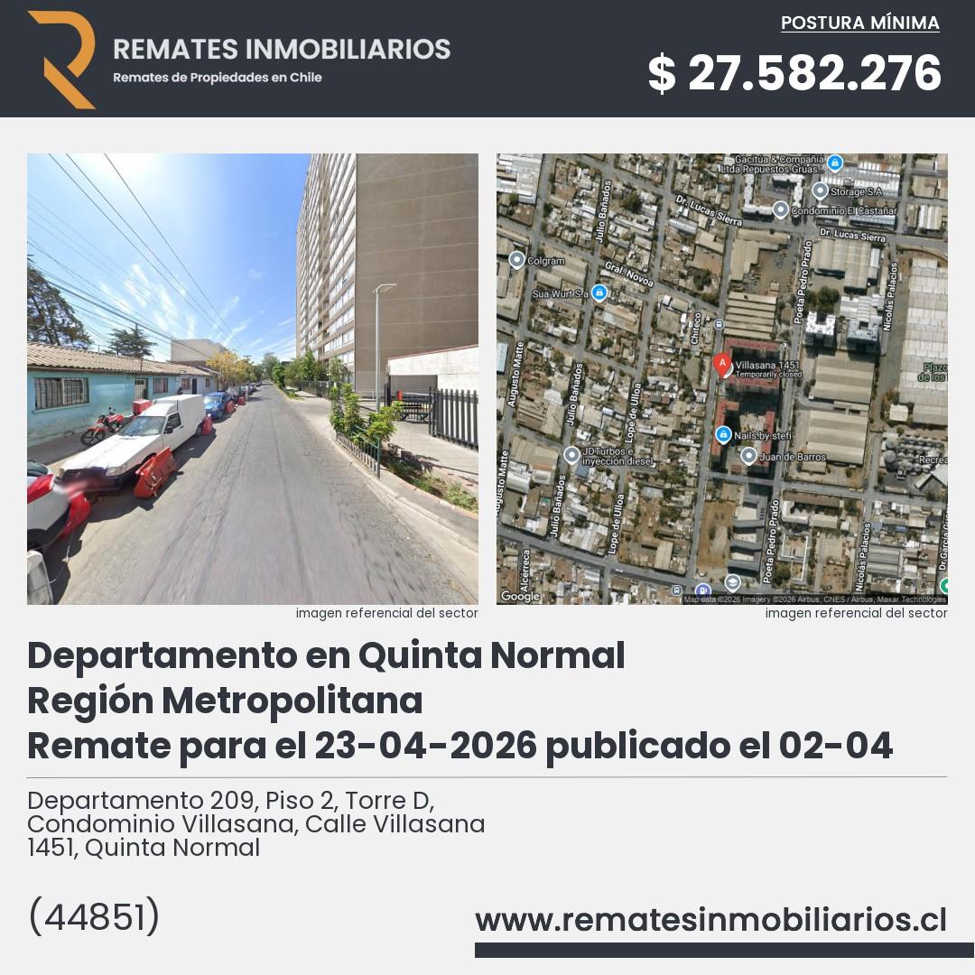 Imagen ficha Departamento 209, Piso 2, Torre D, Condominio Villasana, Calle Villasana 1451, Quinta Normal