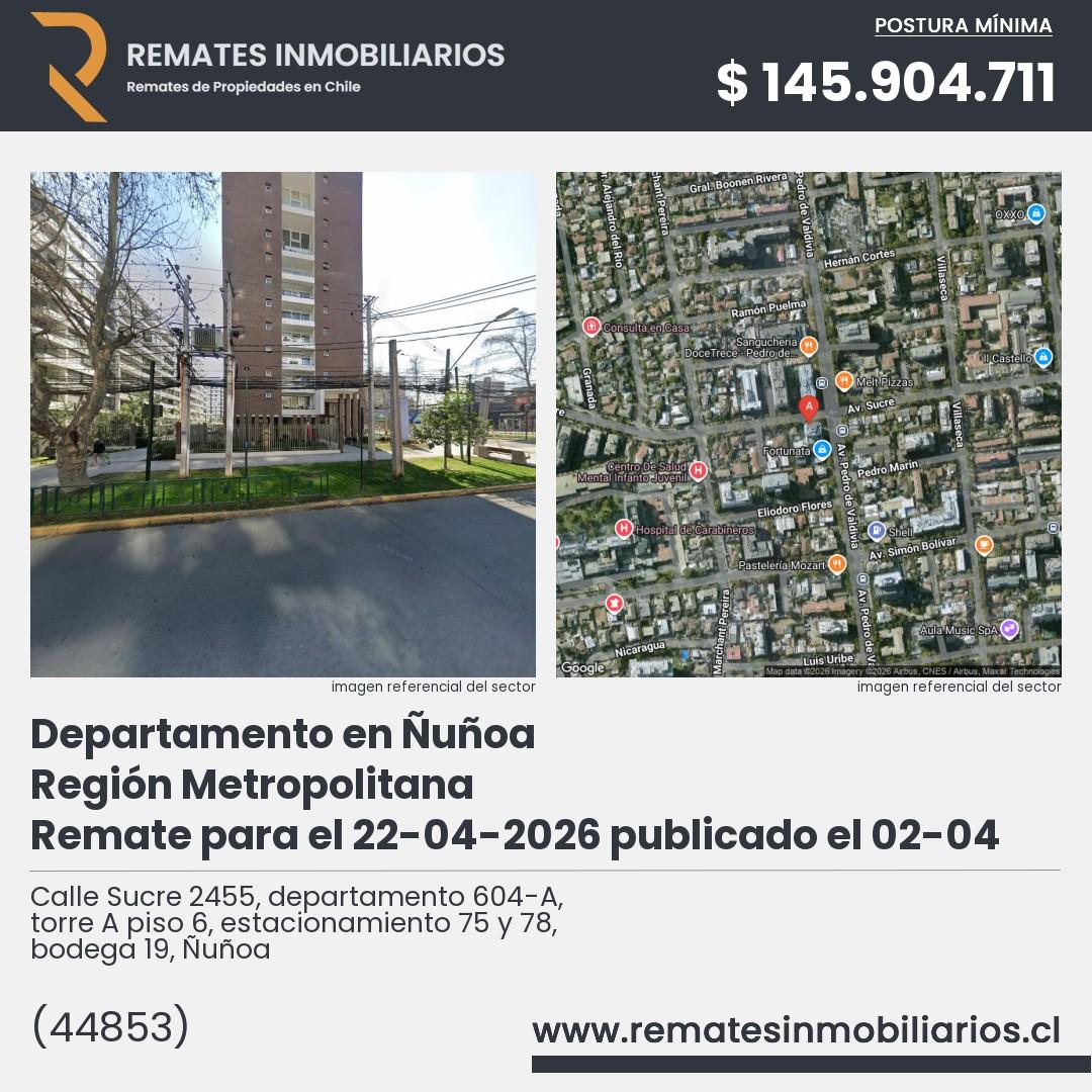 Imagen ficha Calle Sucre 2455, departamento 604-A, torre A piso 6, estacionamiento 75 y 78, bodega 19, Ñuñoa