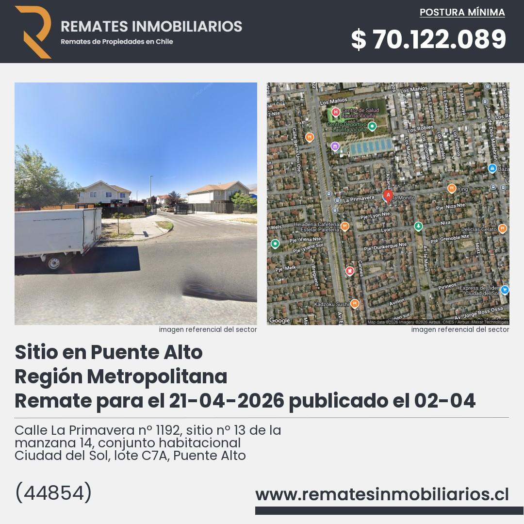 Imagen ficha Calle La Primavera nº 1192, sitio nº 13 de la manzana 14, conjunto habitacional Ciudad del Sol, lote C7A, Puente Alto