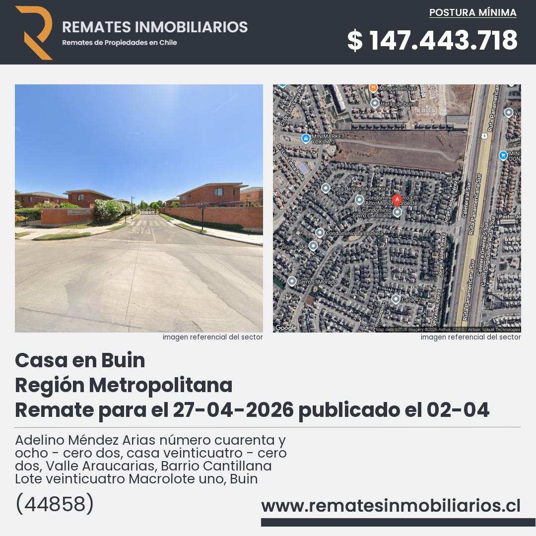 Imagen ficha Adelino Méndez Arias número cuarenta y ocho - cero dos, casa veinticuatro - cero dos, Valle Araucarias, Barrio Cantillana Lote veinticuatro Macrolote uno, Buin