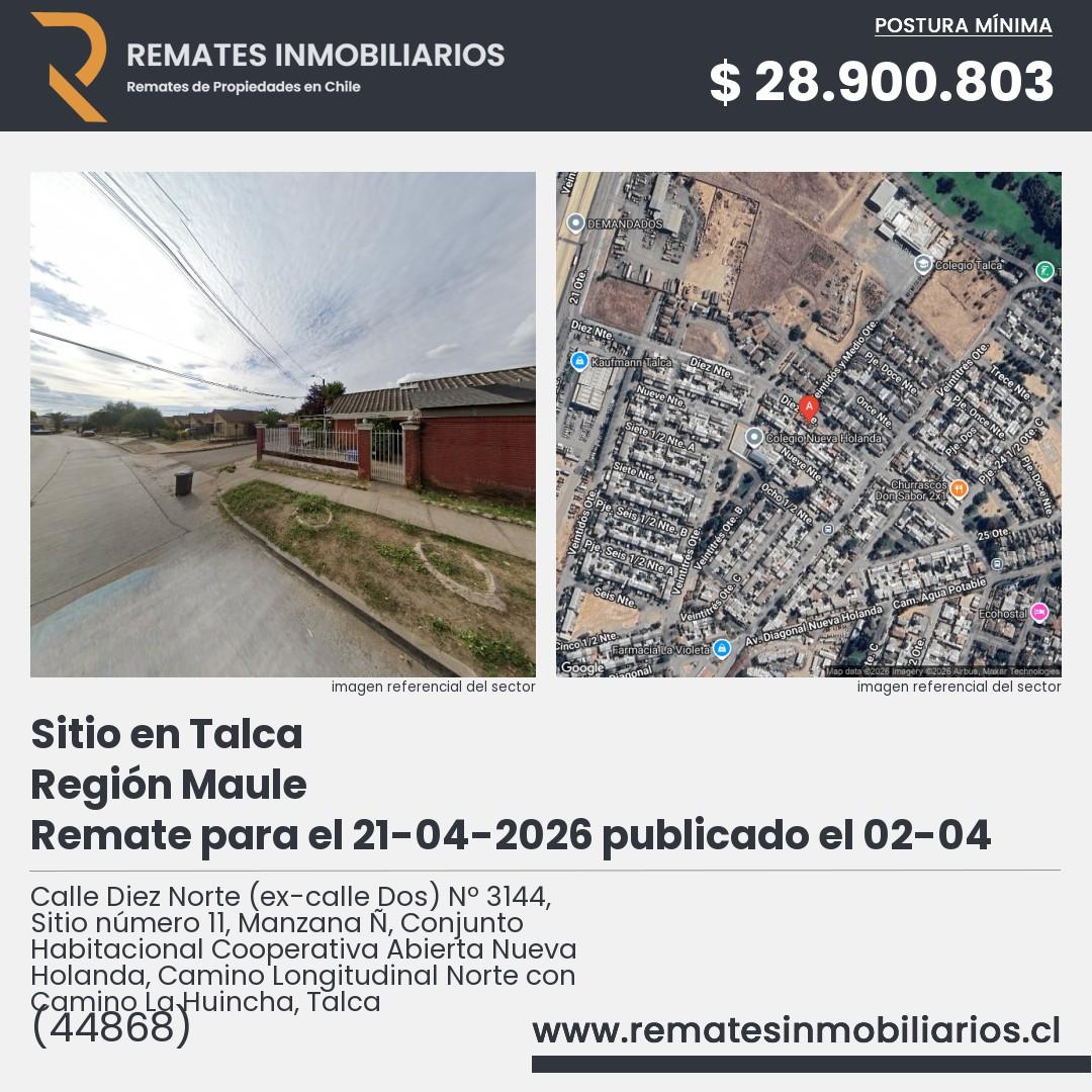 Imagen ficha Calle Diez Norte (ex-calle Dos) Nº 3144, Sitio número 11, Manzana Ñ, Conjunto Habitacional Cooperativa Abierta Nueva Holanda, Camino Longitudinal Norte con Camino La Huincha, Talca