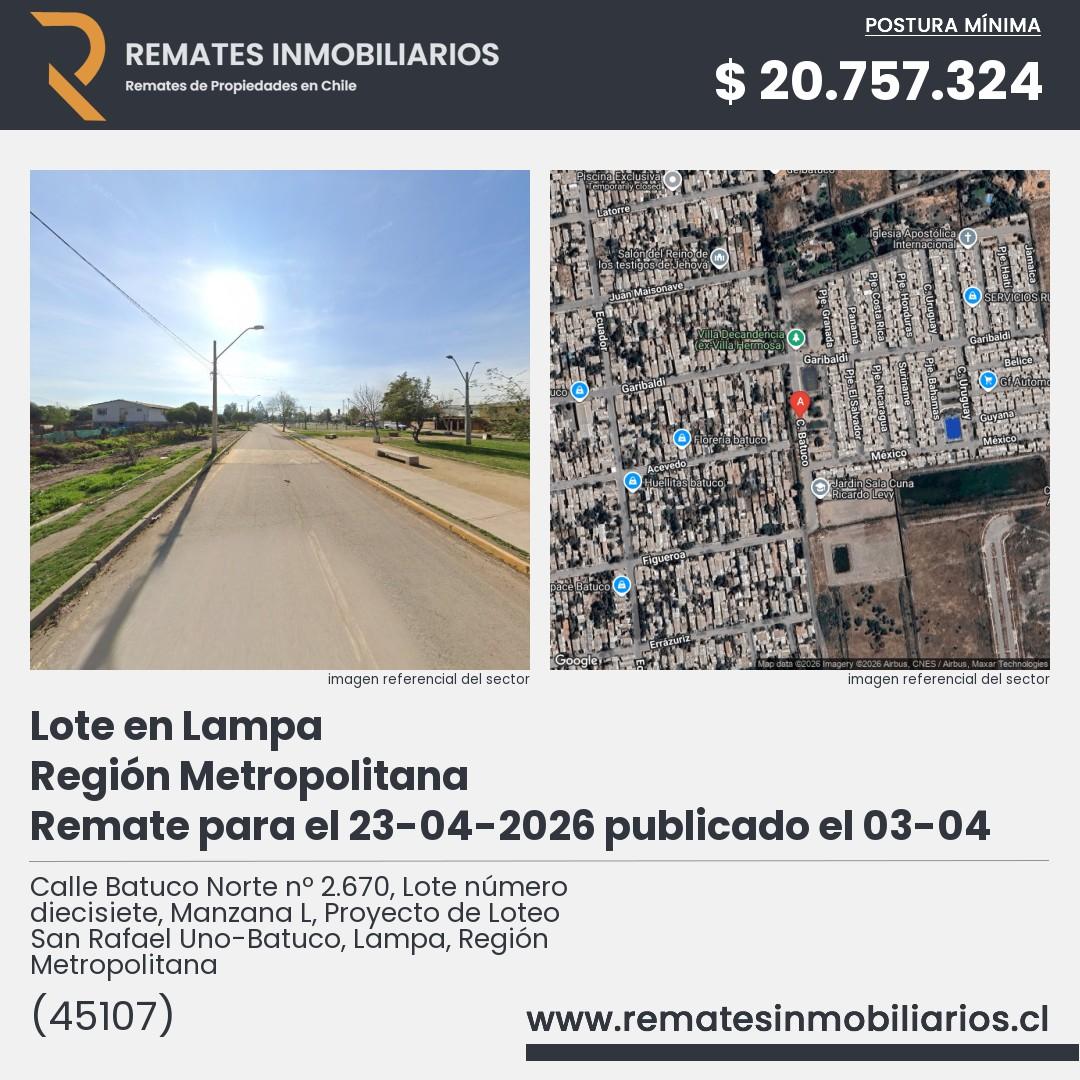 Imagen ficha Calle Batuco Norte nº 2.670, Lote número diecisiete, Manzana L, Proyecto de Loteo San Rafael Uno-Batuco, Lampa, Región Metropolitana