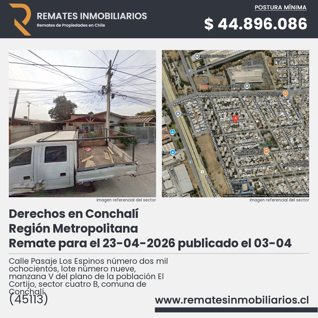 Imagen ficha Calle Pasaje Los Espinos número dos mil ochocientos, lote número nueve, manzana V del plano de la población El Cortijo, sector cuatro B, comuna de Conchalí