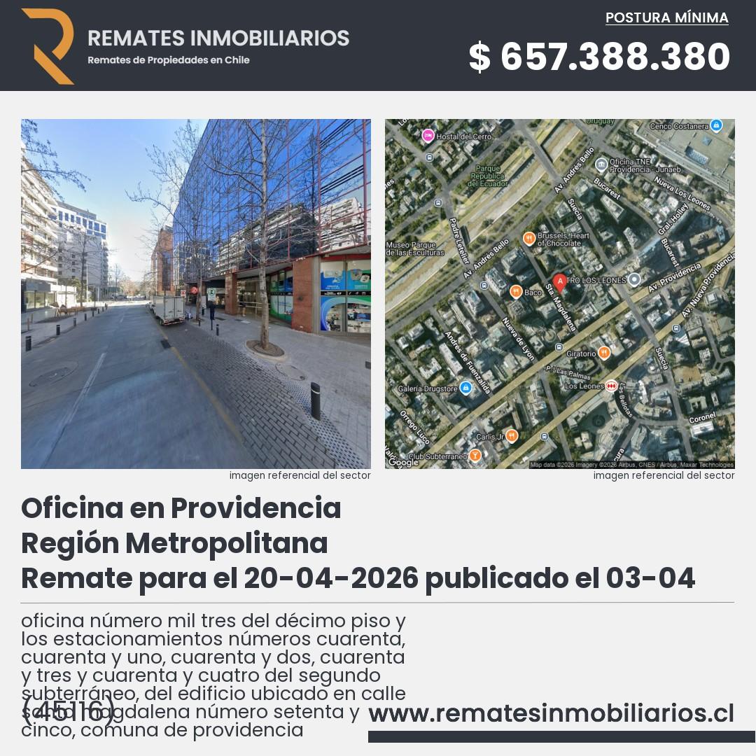 Imagen ficha oficina número mil tres del décimo piso y los estacionamientos números cuarenta, cuarenta y uno, cuarenta y dos, cuarenta y tres y cuarenta y cuatro del segundo subterráneo, del edificio ubicado en calle santa magdalena número setenta y cinco, comuna de providencia