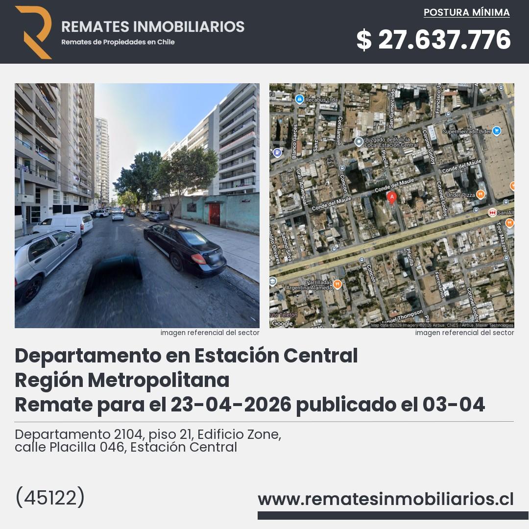 Imagen ficha Departamento 2104, piso 21, Edificio Zone, calle Placilla 046, Estación Central