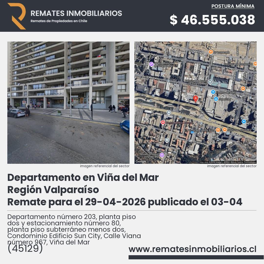 Imagen ficha Departamento número 203, planta piso dos y estacionamiento número 80, planta piso subterráneo menos dos, Condominio Edificio Sun City, Calle Viana número 967, Viña del Mar