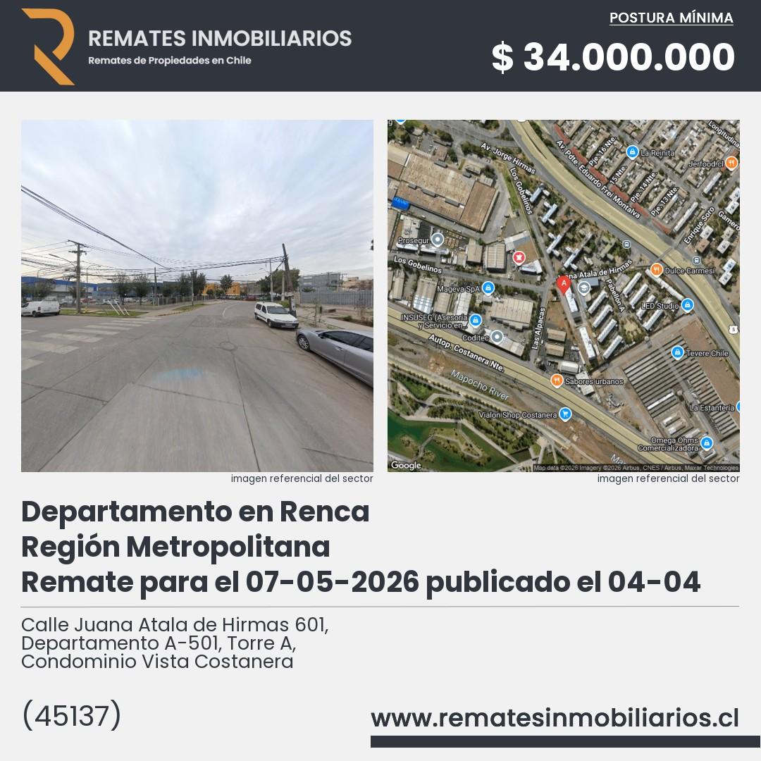 Imagen ficha Calle Juana Atala de Hirmas 601, Departamento A-501, Torre A, Condominio Vista Costanera