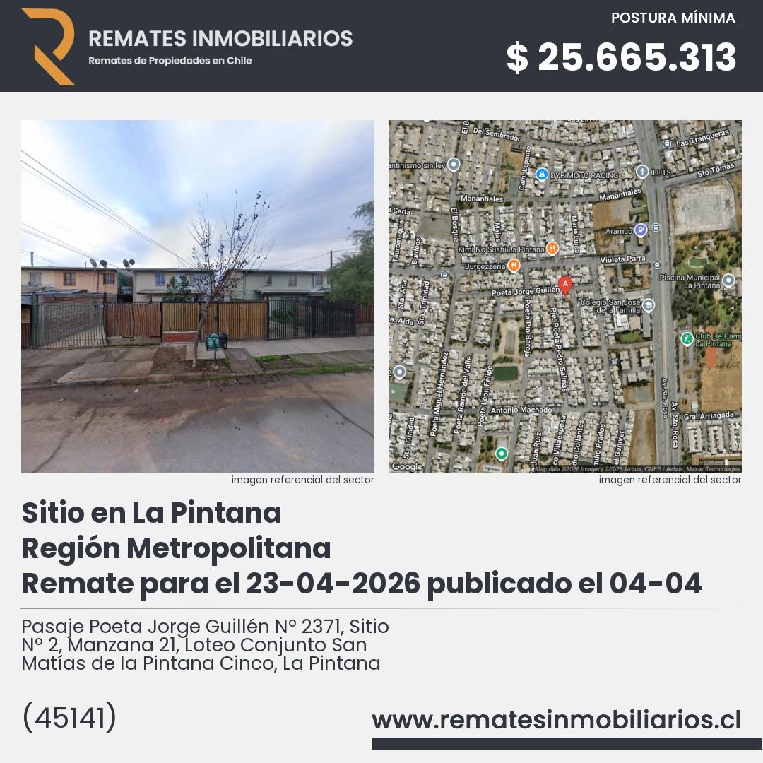 Imagen ficha Pasaje Poeta Jorge Guillén Nº 2371, Sitio Nº 2, Manzana 21, Loteo Conjunto San Matías de la Pintana Cinco, La Pintana
