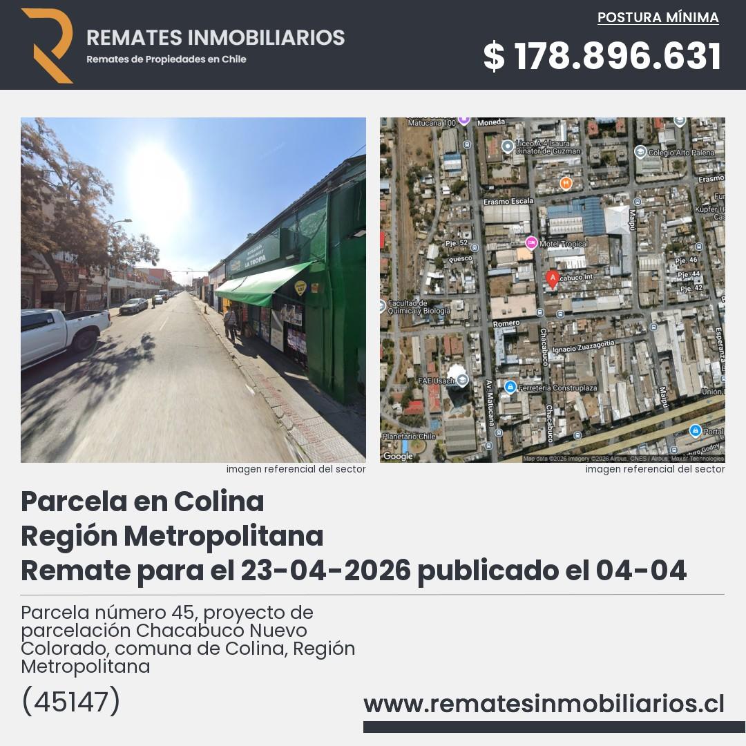 Imagen ficha Parcela número 45, proyecto de parcelación Chacabuco Nuevo Colorado, comuna de Colina, Región Metropolitana