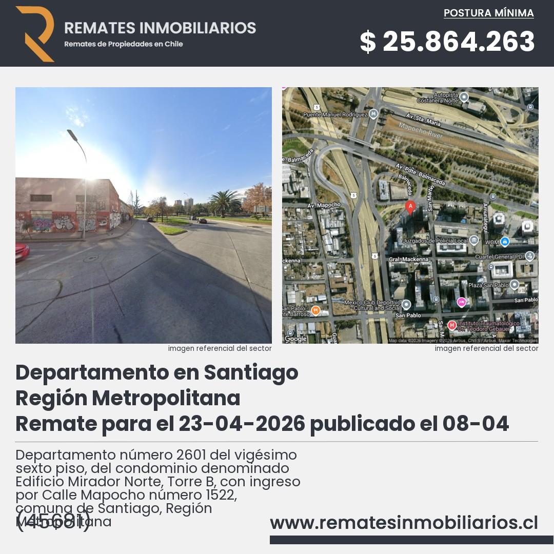 Imagen ficha Departamento número 2601 del vigésimo sexto piso, del condominio denominado Edificio Mirador Norte, Torre B, con ingreso por Calle Mapocho número 1522, comuna de Santiago, Región Metropolitana