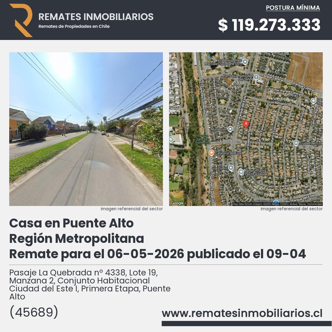 Imagen ficha Pasaje La Quebrada nº 4338, Lote 19, Manzana 2, Conjunto Habitacional Ciudad del Este I, Primera Etapa, Puente Alto