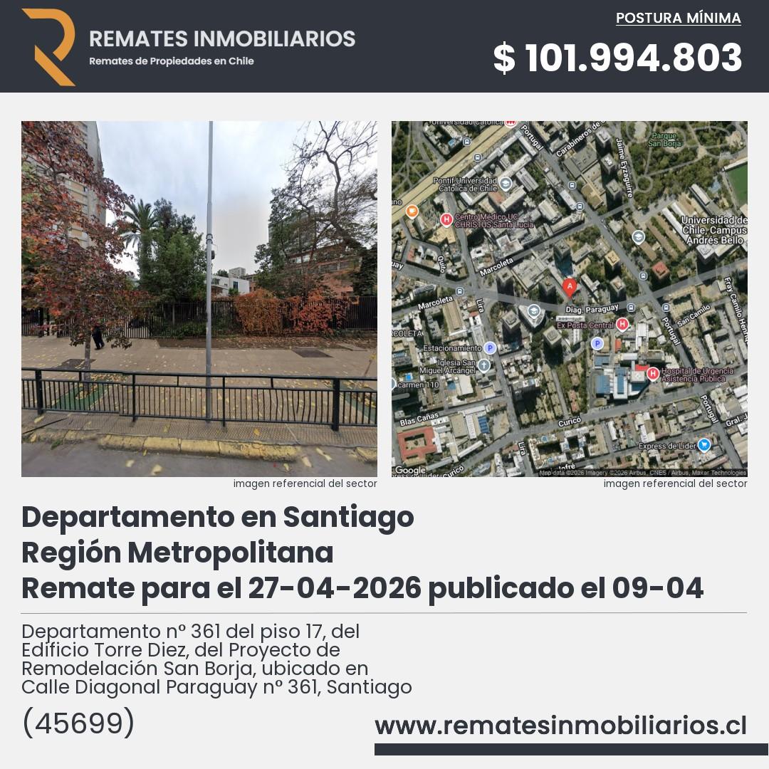 Imagen ficha Departamento n° 361 del piso 17, del Edificio Torre Diez, del Proyecto de Remodelación San Borja, ubicado en Calle Diagonal Paraguay n° 361, Santiago