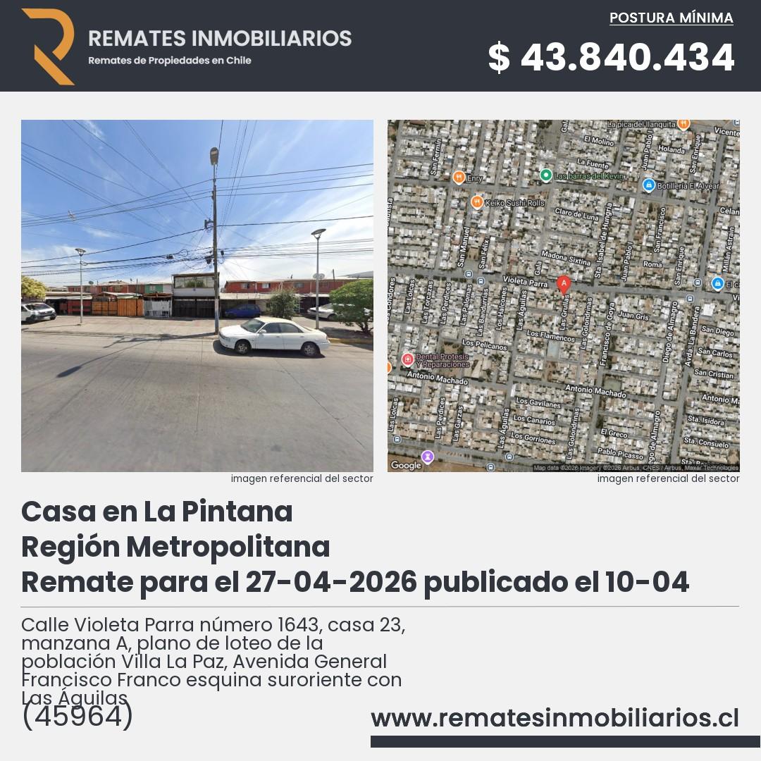 Imagen ficha Calle Violeta Parra número 1643, casa 23, manzana A, plano de loteo de la población Villa La Paz, Avenida General Francisco Franco esquina suroriente con Las Águilas