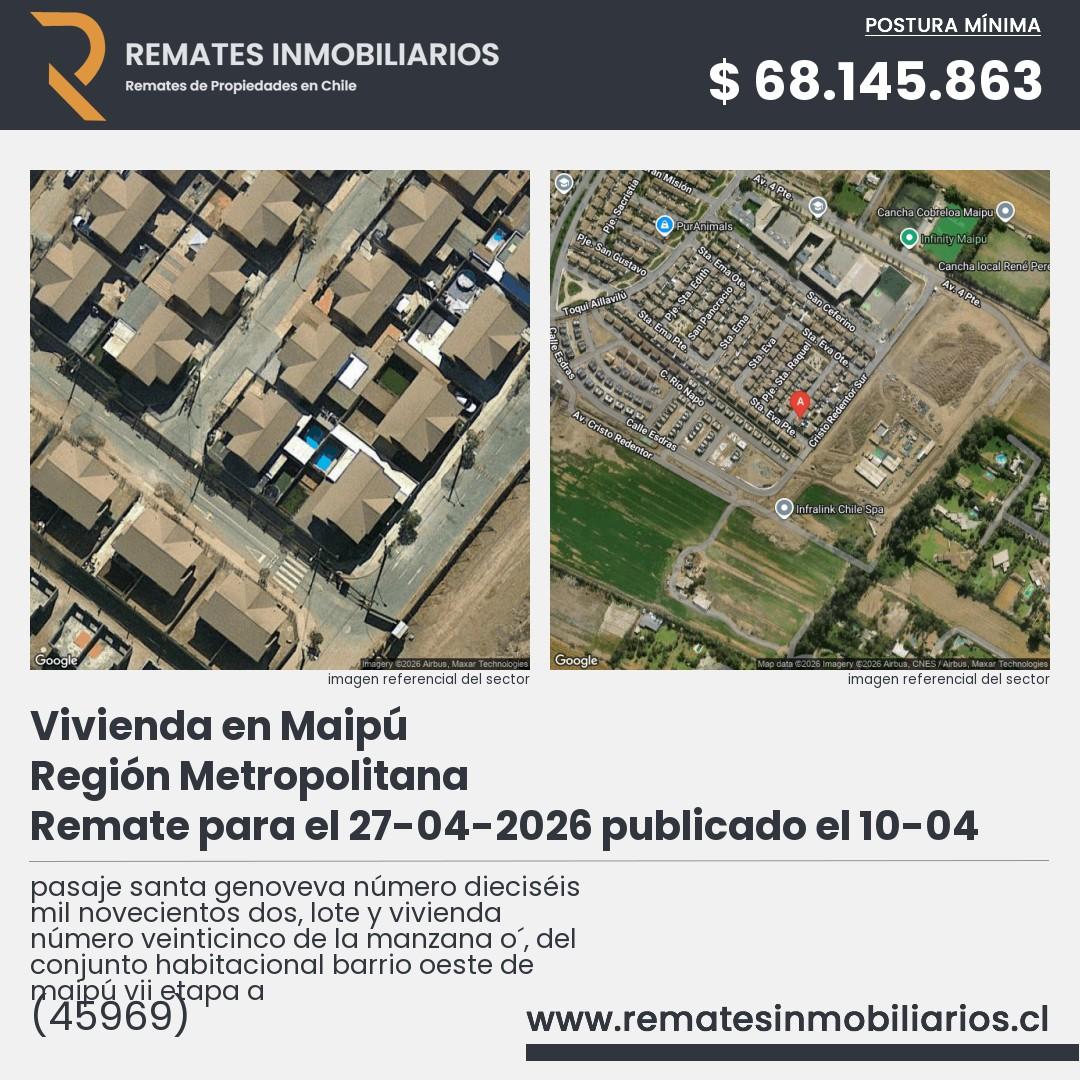 Imagen ficha pasaje santa genoveva número dieciséis mil novecientos dos, lote y vivienda número veinticinco de la manzana o´, del conjunto habitacional barrio oeste de maipú vii etapa a