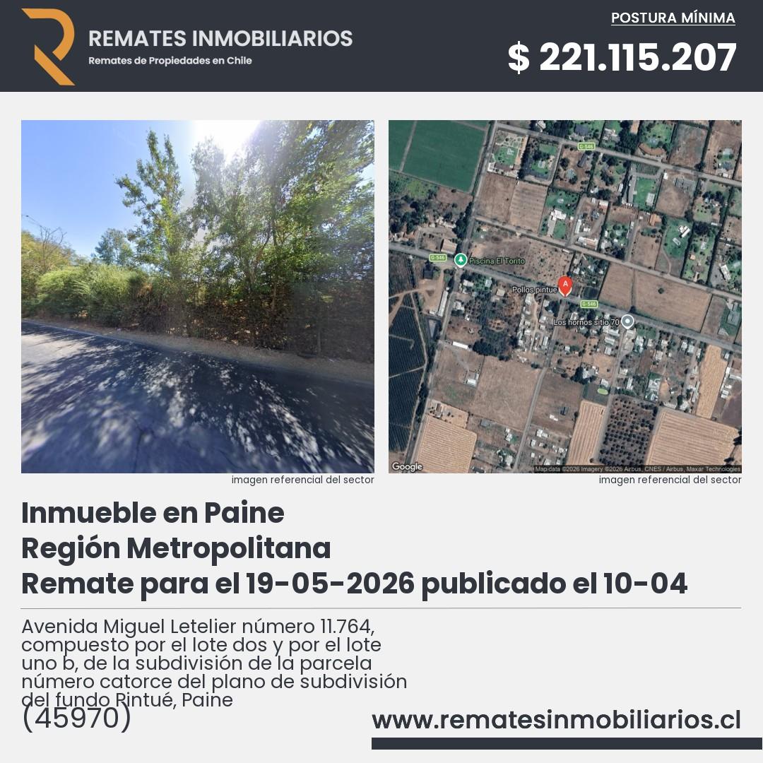 Imagen ficha Avenida Miguel Letelier número 11.764, compuesto por el lote dos y por el lote uno b, de la subdivisión de la parcela número catorce del plano de subdivisión del fundo Pintué, Paine