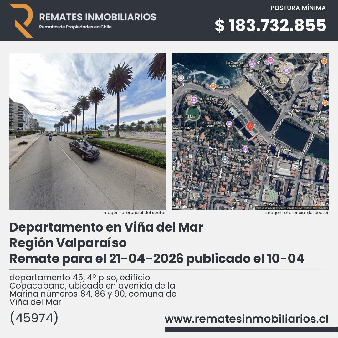 Imagen ficha departamento 45, 4º piso, edificio Copacabana, ubicado en avenida de la Marina números 84, 86 y 90, comuna de Viña del Mar