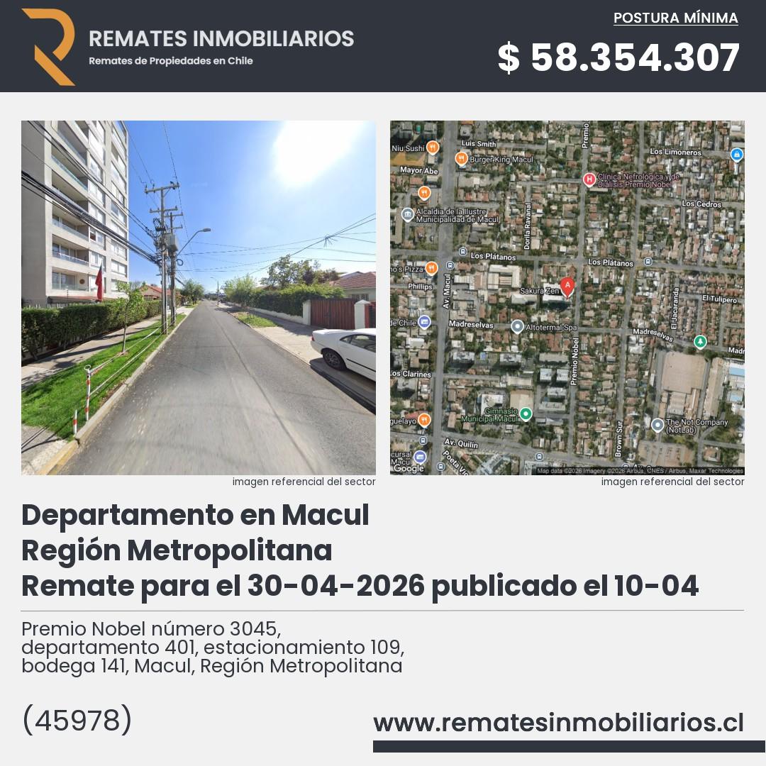 Imagen ficha Premio Nobel número 3045, departamento 401, estacionamiento 109, bodega 141, Macul, Región Metropolitana