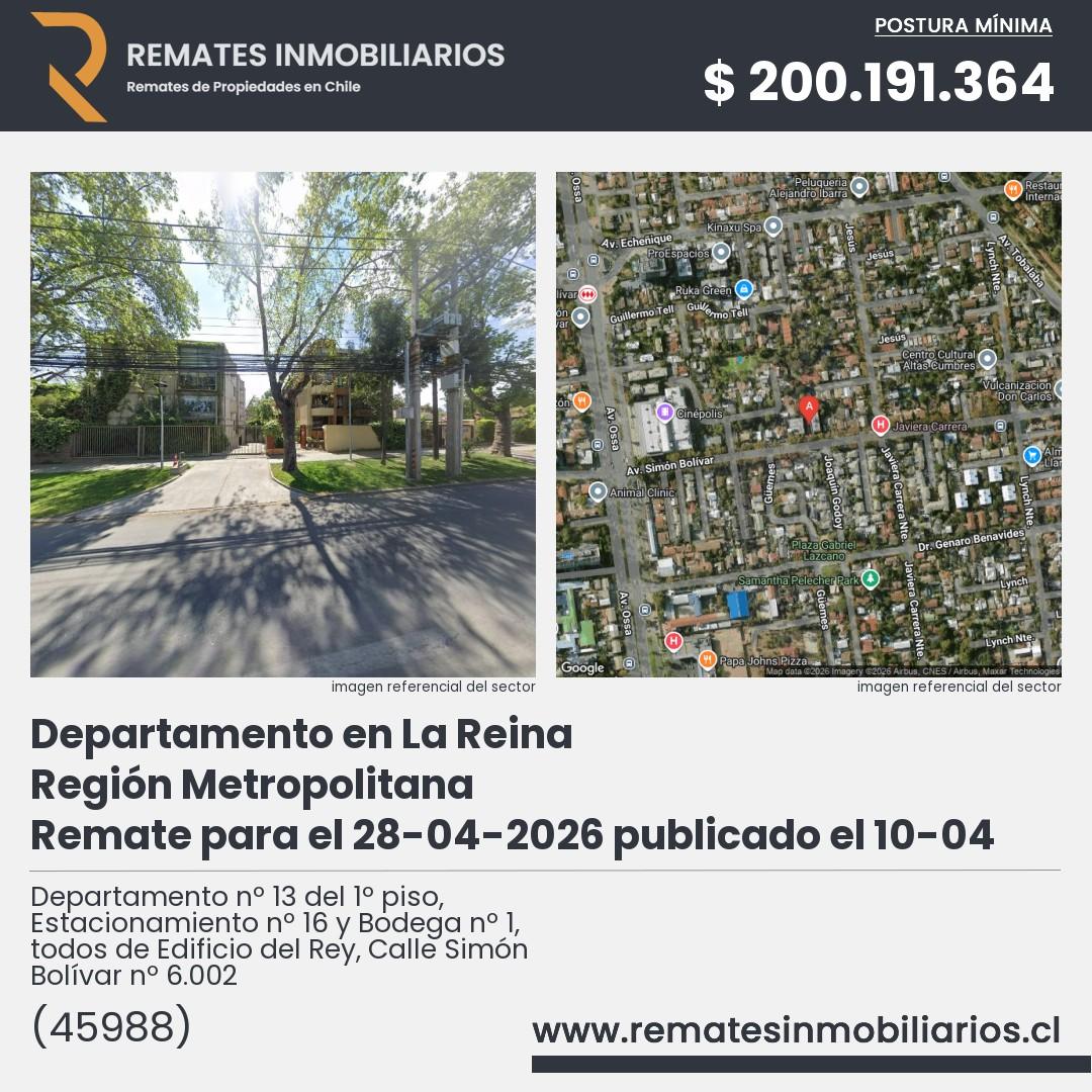 Imagen ficha Departamento nº 13 del 1º piso, Estacionamiento nº 16 y Bodega nº 1, todos de Edificio del Rey, Calle Simón Bolívar nº 6.002