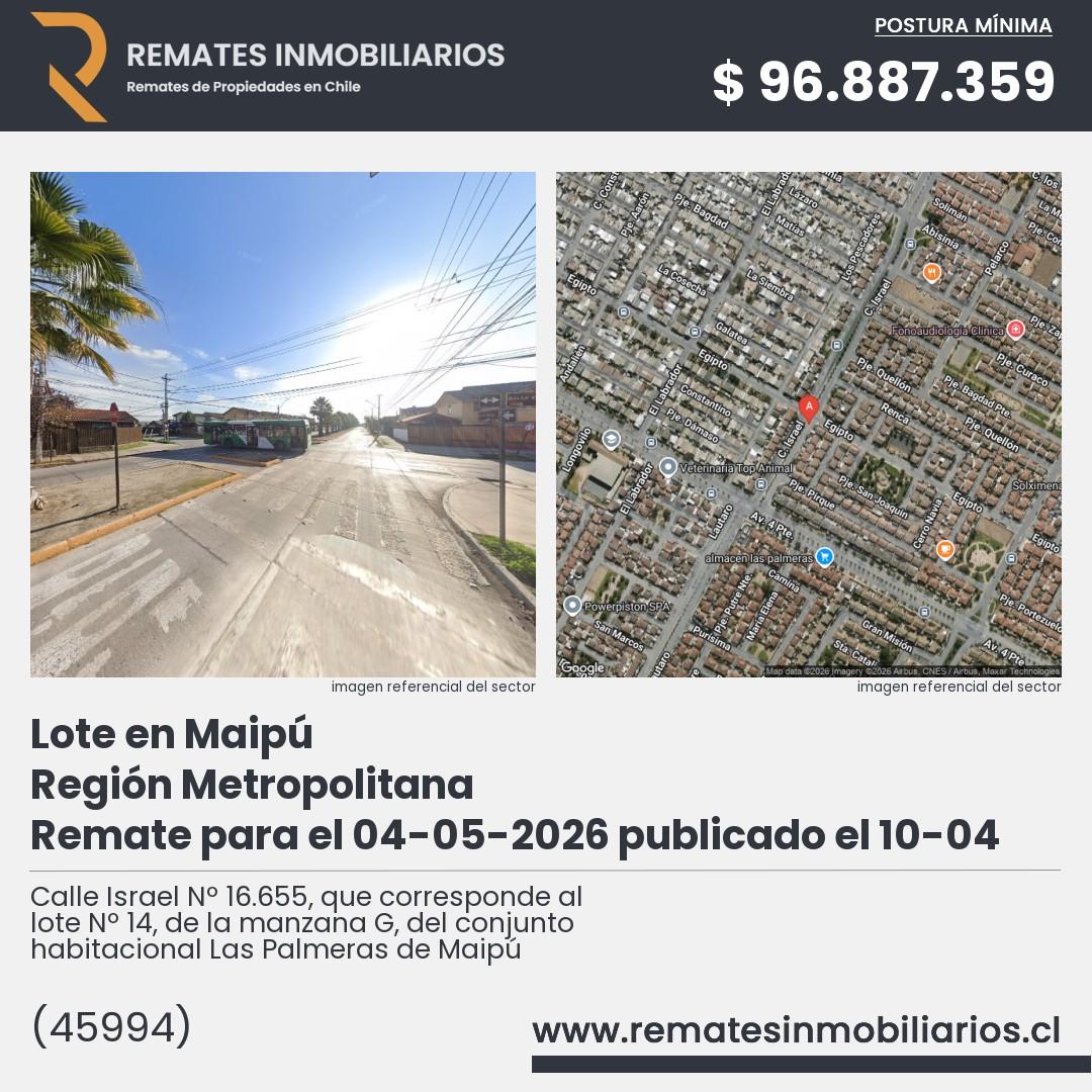 Imagen ficha Calle Israel Nº 16.655, que corresponde al lote Nº 14, de la manzana G, del conjunto habitacional Las Palmeras de Maipú