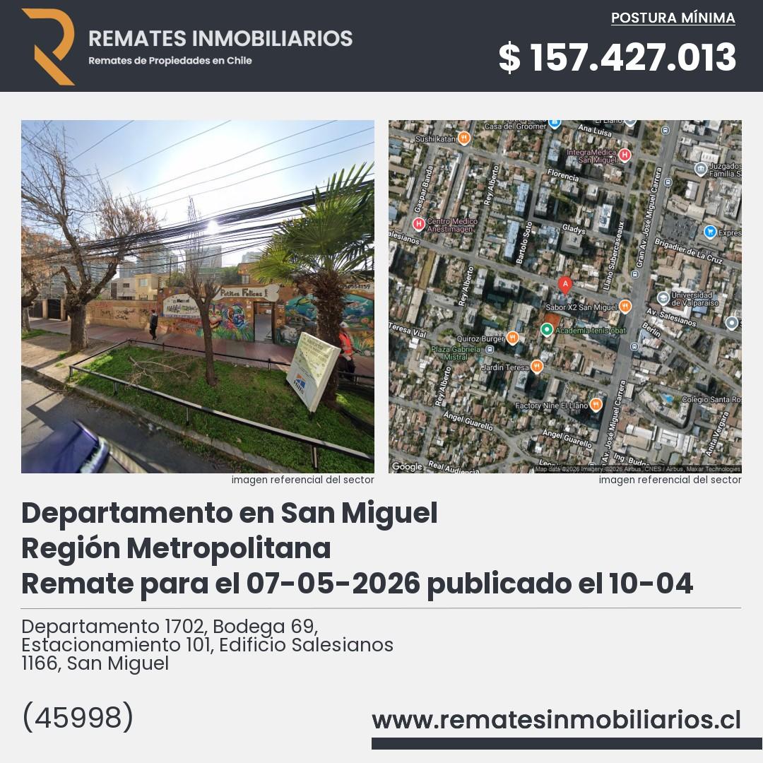 Imagen ficha Departamento 1702, Bodega 69, Estacionamiento 101, Edificio Salesianos 1166, San Miguel