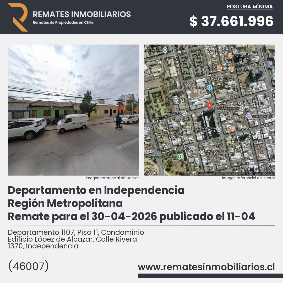 Imagen ficha Departamento 1107, Piso 11, Condominio Edificio López de Alcazar, Calle Rivera 1370, Independencia