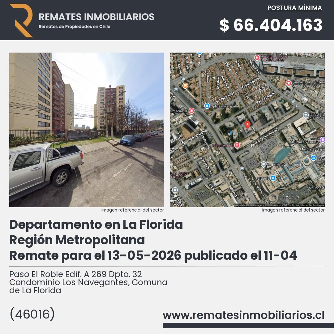 Imagen ficha Paso El Roble Edif. A 269 Dpto. 32 Condominio Los Navegantes, Comuna de La Florida