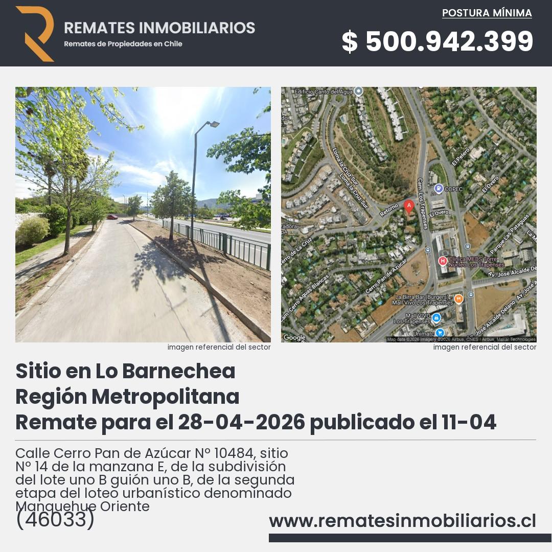 Imagen ficha Calle Cerro Pan de Azúcar Nº 10484, sitio Nº 14 de la manzana E, de la subdivisión del lote uno B guión uno B, de la segunda etapa del loteo urbanístico denominado Manquehue Oriente