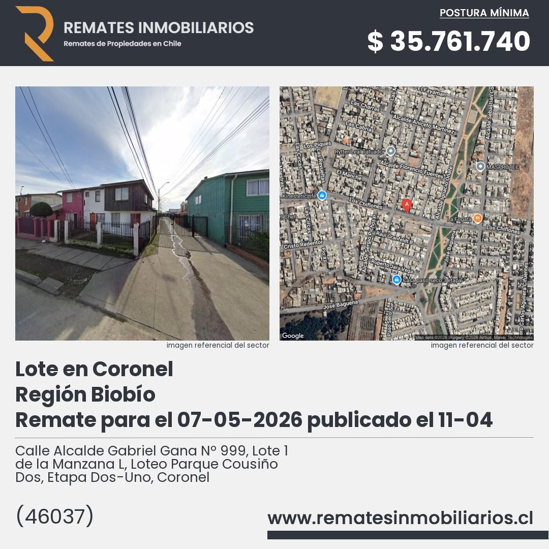 Imagen ficha Calle Alcalde Gabriel Gana Nº 999, Lote 1 de la Manzana L, Loteo Parque Cousiño Dos, Etapa Dos-Uno, Coronel