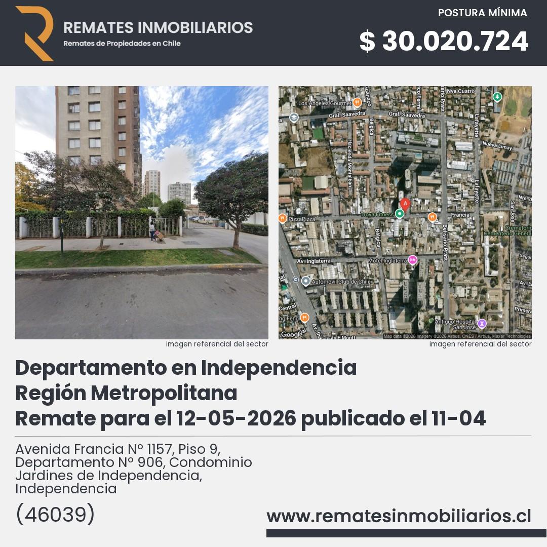 Imagen ficha Avenida Francia Nº 1157, Piso 9, Departamento Nº 906, Condominio Jardines de Independencia, Independencia