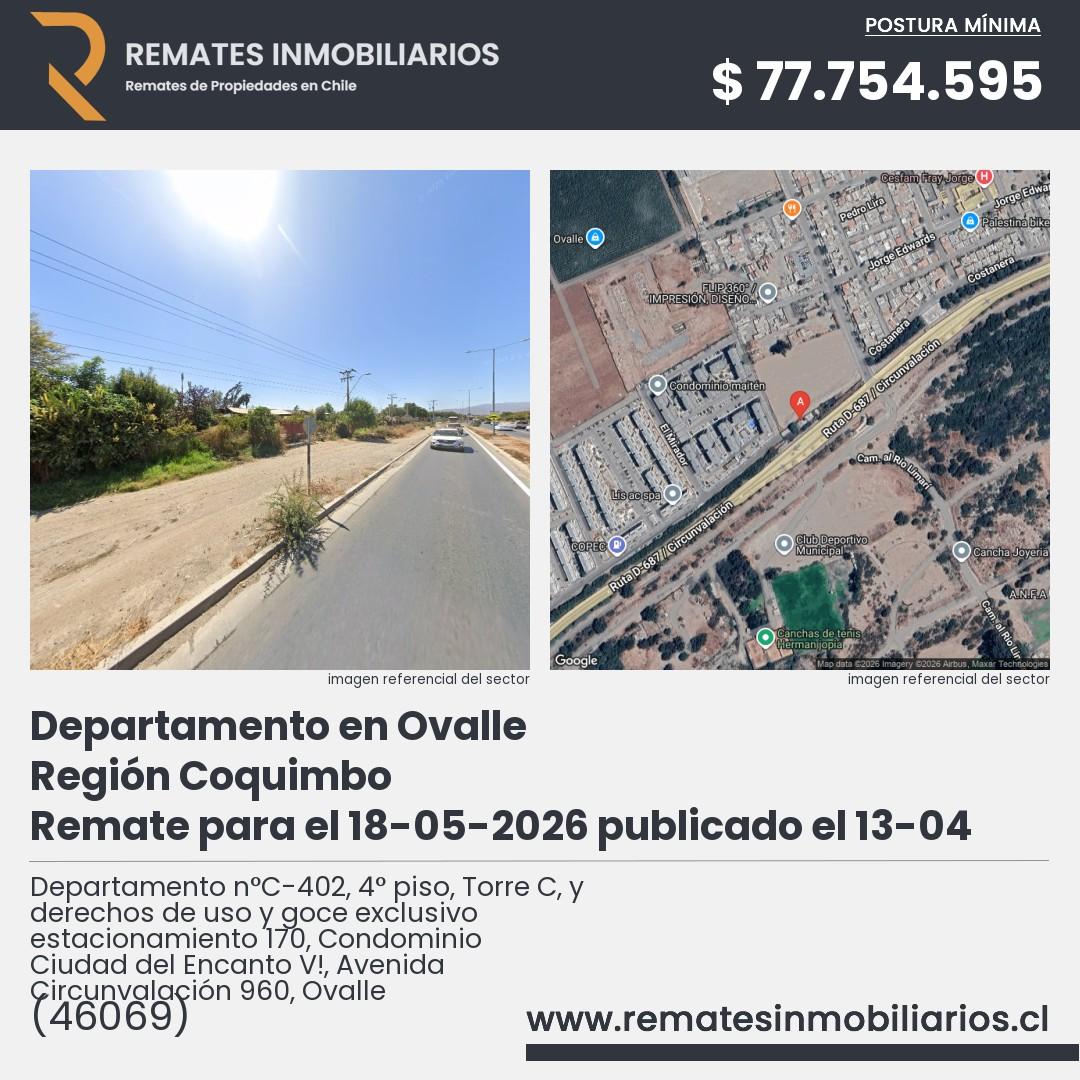 Imagen ficha Departamento n°C-402, 4° piso, Torre C, y derechos de uso y goce exclusivo estacionamiento 170, Condominio Ciudad del Encanto V!, Avenida Circunvalación 960, Ovalle