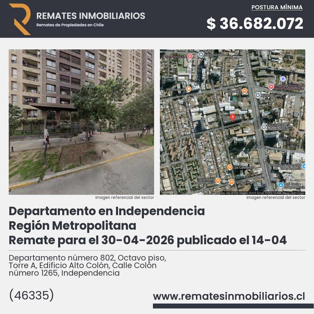 Imagen ficha Departamento número 802, Octavo piso, Torre A, Edificio Alto Colón, Calle Colón número 1265, Independencia